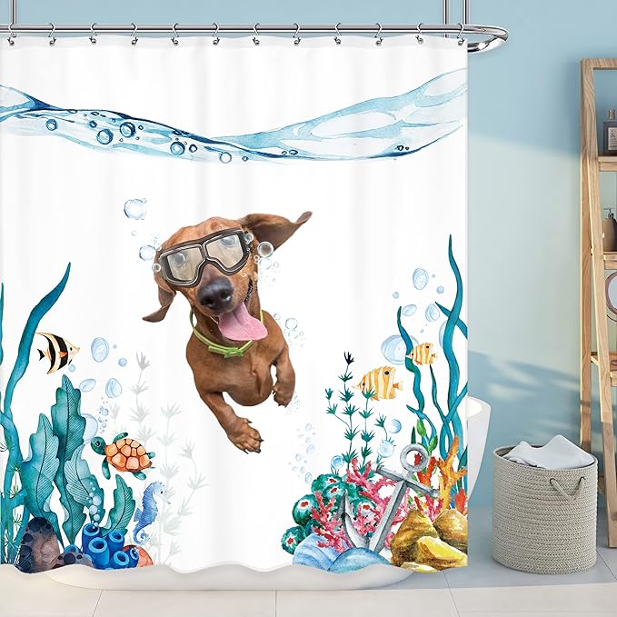 Funny Dog Kids Shower Curtain Bathroom Set, Teal Blue Sea Ocean