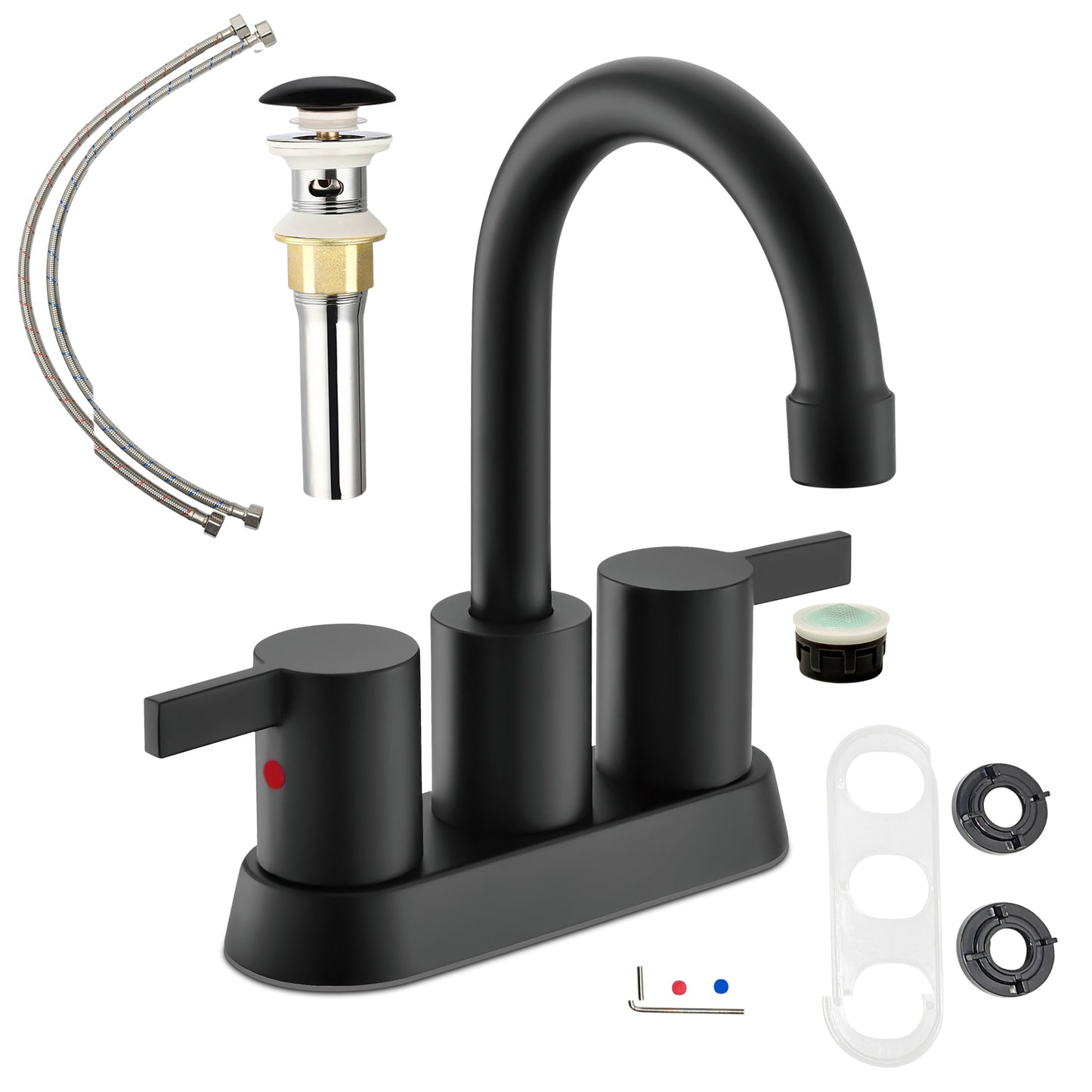 Modern white 2 handle bathroom faucet with white pop-up drain and hoses.