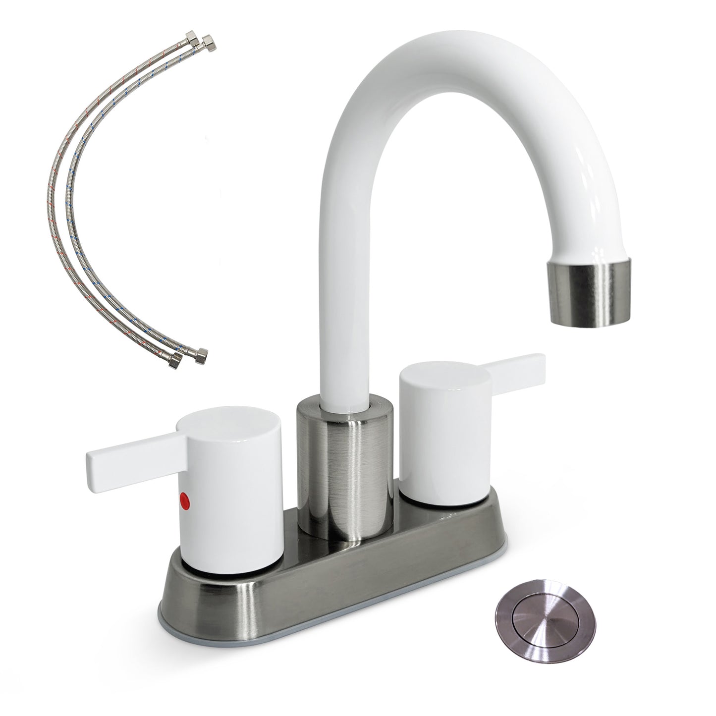 Modern white and brushed nickel 2 handle bathroom faucet with white pop-up drain and hoses.