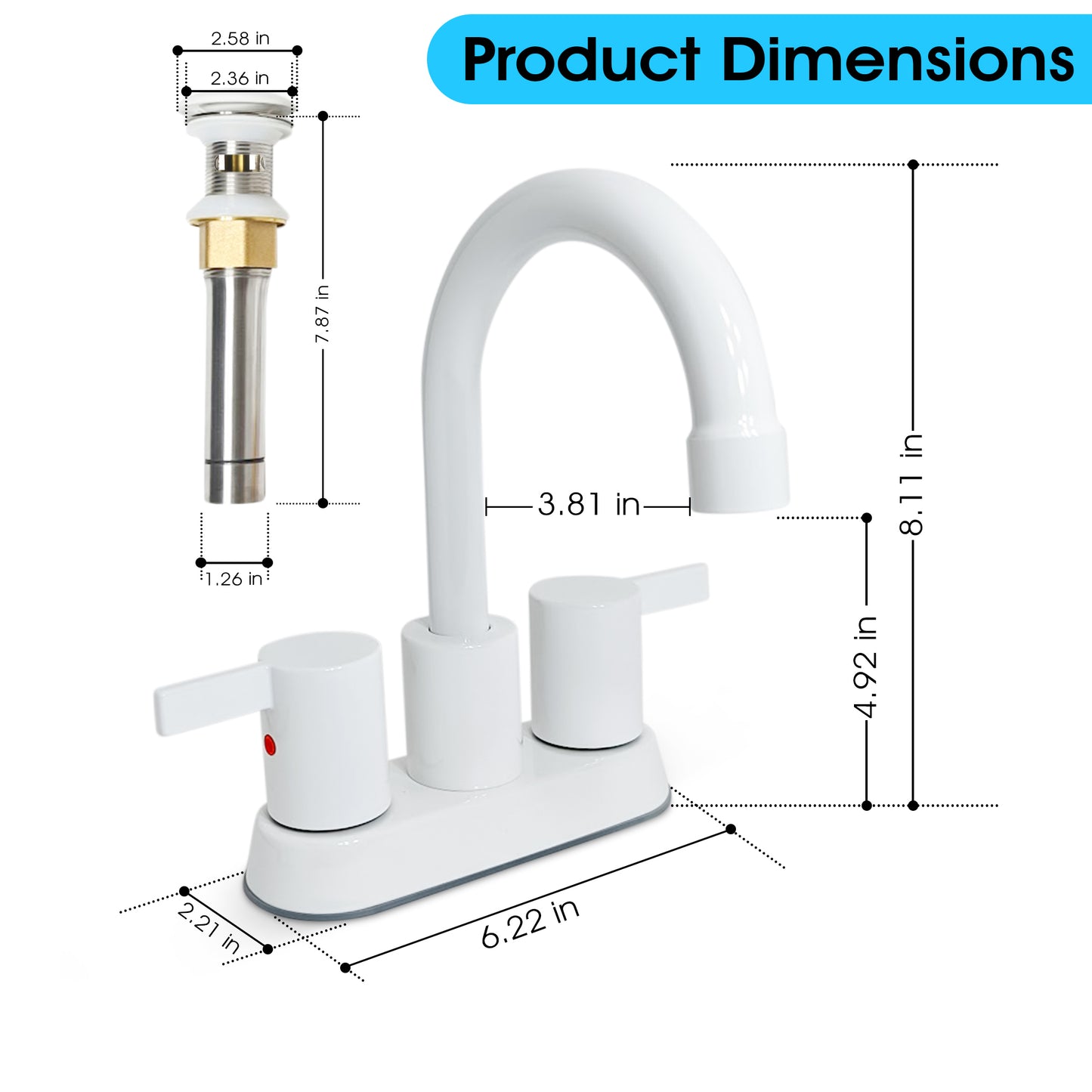 Dimensions  in inches of a white bathroom faucet and matching drain. 