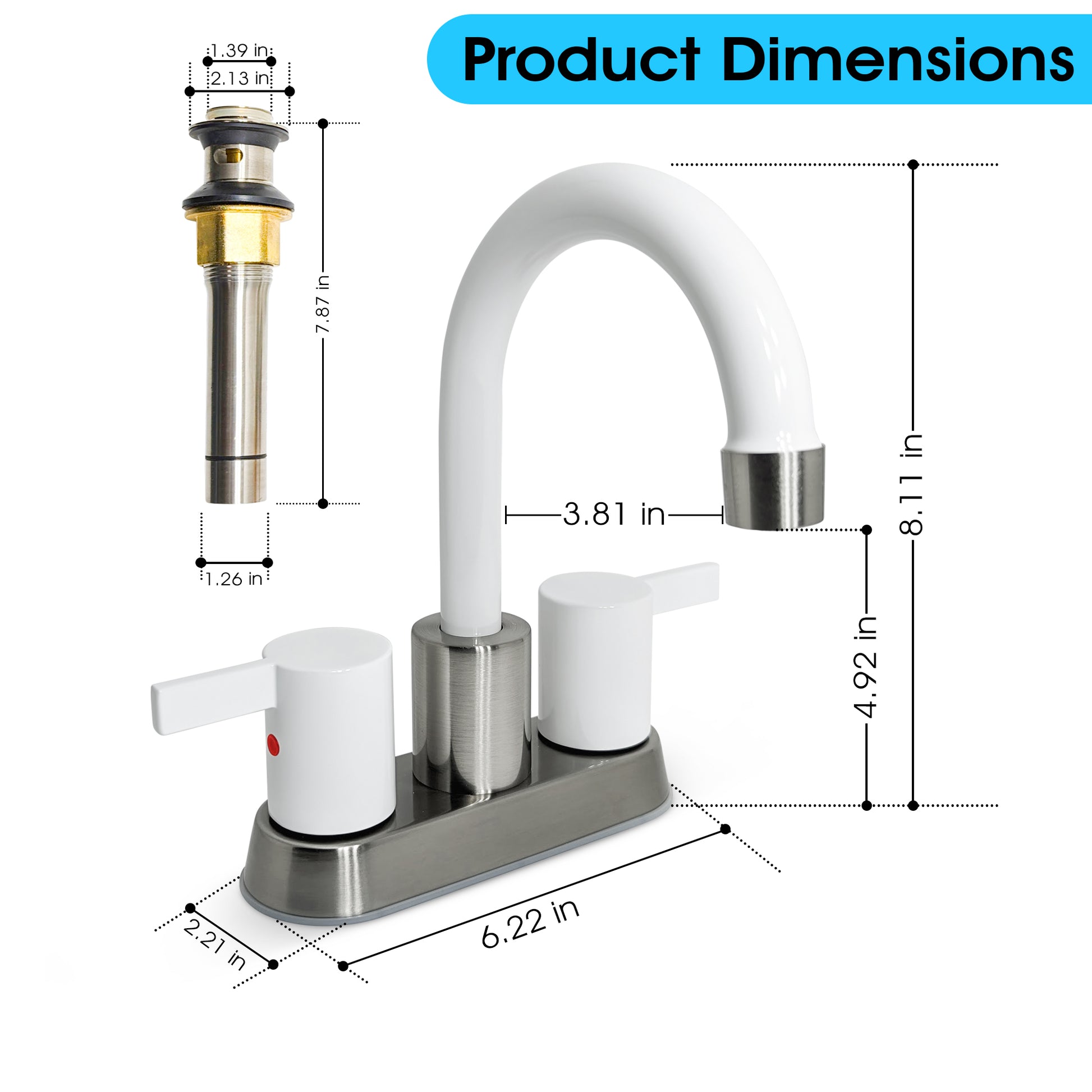 White & brushed nickel bathroom faucet and brushed nickel drain displaying dimensions in inches. 