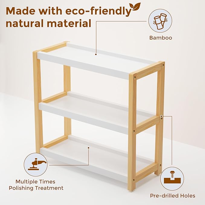 Bathroom Countertop Organizer - 3 Tier Bamboo Storage Shelf for Makeup, Skincare, Spices, Seasonings - Bathroom Vanity Accessories - Wall Mounted Floating Shelves - Over Toilet Shelving, Natural+White