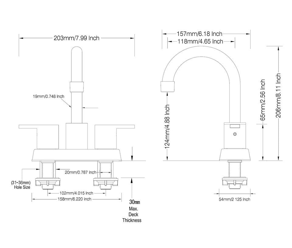 Dimensions diagram of the Pulsewidth centerset 2 handle bathroom faucet.