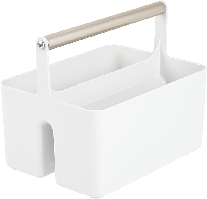mDesign Plastic Shower Caddy Storage Organizer Utility Tote, Divided Basket Bin - Metal Handle for Bathroom, Dorm, Kitchen, Holds Soap, Shampoo, Conditioner - Aura Collection - White/Matte Satin