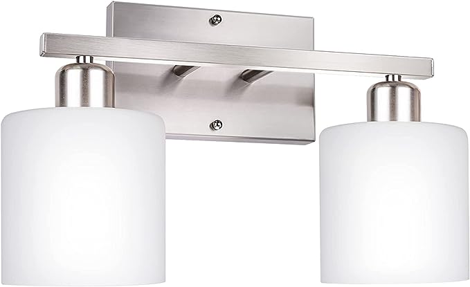 Dekang Bathroom Vanity Light Fixture Over Mirror with Brushed Nickel, Modern 2-Light Wall Sconces Lighting for Bedroom,Living Room,Decor White Glass Shades,E26 Standard Base,Bulbs Not Included