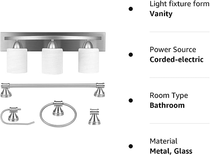PARTPHONER 3-Light Bathroom Vanity Light Fixture, 5 Piece All-in-One Bath Sets, Bar, Towel Ring, Robe Hook, Toilet Paper Holder, Brushed Nickel with White Frosted Glass Vanity Light