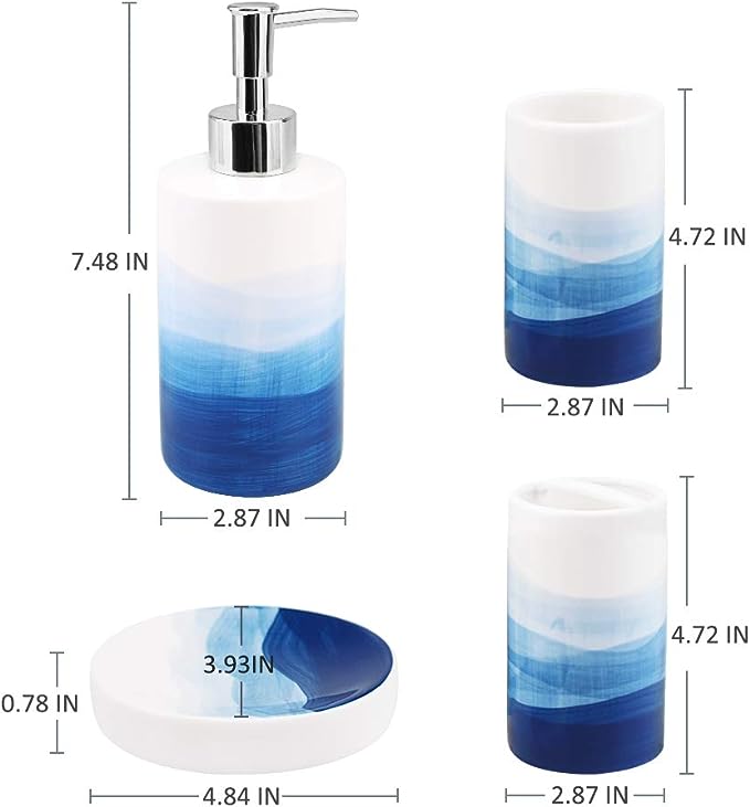 4 Piece Painted Ceramic Bathroom Accessory Set, Includes Soap Dispenser Pump, Toothbrush Holder, Tumbler, Soap Dish Sanitary, Ideas Home Gift for Ware Home Decor Bath(Blue)