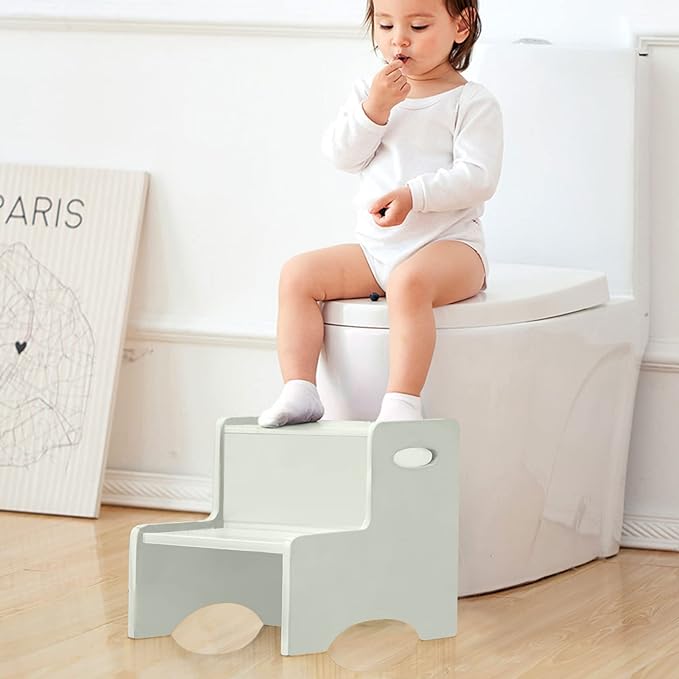 WOOD CITY Wooden Toddler Step Stool for Kids, Grey Two Step Children's Stool with Handles, Bonus Non-Slip Pads for Safety, Bathroom Potty Stool & Kitchen Step Stools Dual Height