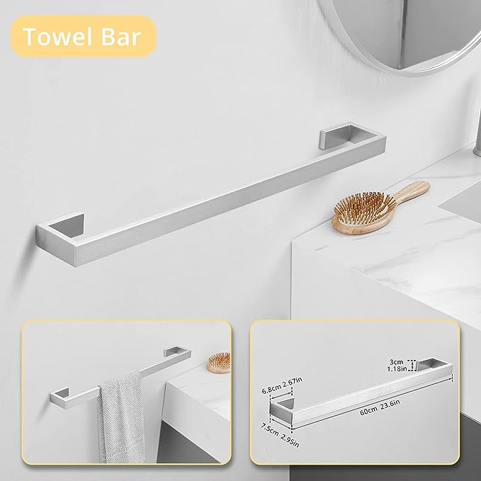 Fapully 23.6-Inch 6 Piece Bathroom Hardware Accessories Set Stainless Steel Wall Mounted Brushed Nickel Include Towel Bar,Hand Towel Holder,Toilet Paper Holder,Robe Towel Hook,Coat Hook,Towel bar Set