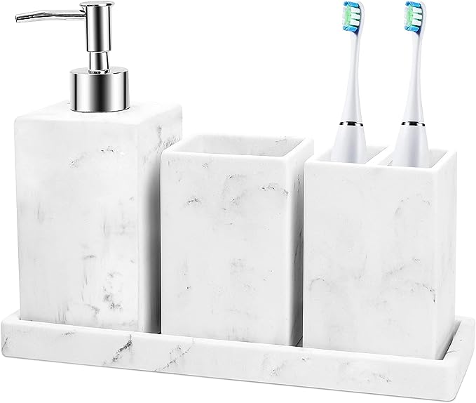 Bathroom Accessories Set, FoverOne 4PCS White Marble Bathroom Accessory Set with Tumbler, Toothbrush & Toothpaste Holder, Lotion Dispenser and Vanity Tray