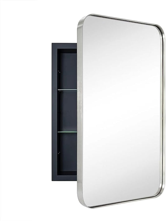 EGHOME Brushed Nickel Rectangle Recessed Bathroom Medicine Cabinet with Mirror Stainless Steel Metal Framed Rounded Rectangular Bathroom Cabinet with Mirror 16x24''