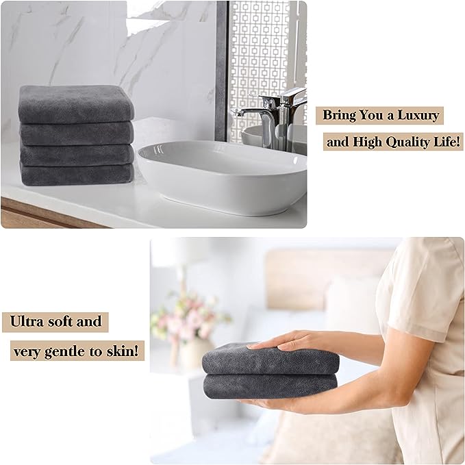 KinHwa Microfiber Hand Towels for Bathroom - Soft and Light-Weight Face Towels Odor Free Wash Towels for Bath, Spa, Gym (Gray, 2)