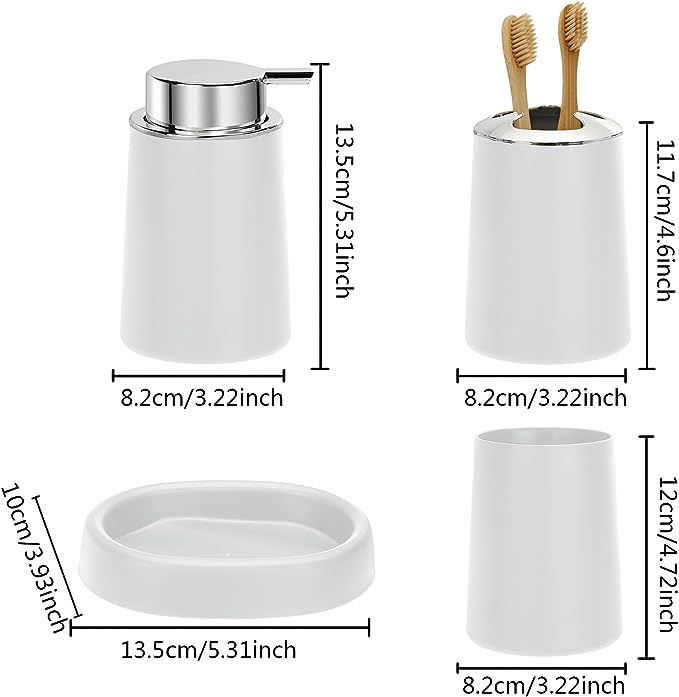 FEILANDUO Bathroom Accessories Set, 4 Pcs Bathroom Accessory Gift Soap Dispenser and Toothbrush Holder Set, Soap Dish, Toothbrush Cup, Modern Bathroom Decor (White)