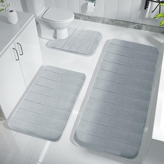 Yimobra 3 Pieces Memory Foam Bath Mat Sets, 44.1x24 + 31.5x19.8 and U-Shaped for Bathroom Rugs, Toilet Mats, Non-Slip, Soft Comfortable, Water Absorption, Machine Washable, Silver