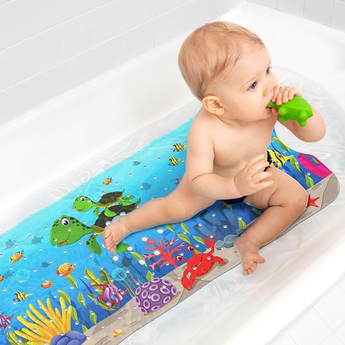XIYUNTE Baby Bath Mat for Tub for Kids, 40 X 16 Inch Extra Long Kids Bathtub Mat Non Slip, Cartoon Patterned Bath Tub Shower Mat Anti Slip with Suction Cups & Drain Holes, Machine Washable, Sea Turtle