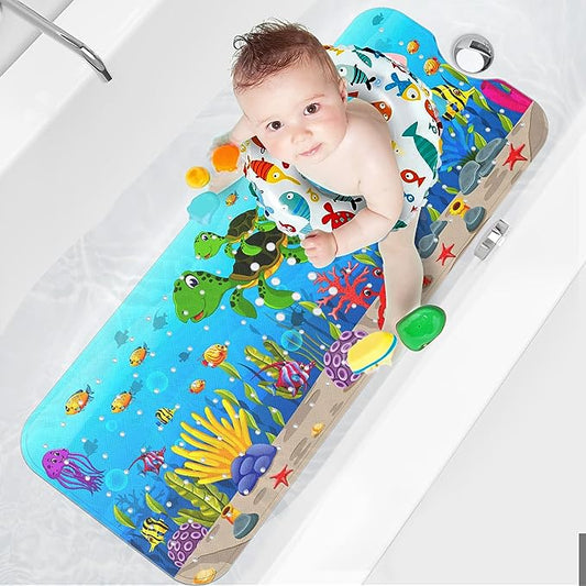 XIYUNTE Baby Bath Mat for Tub for Kids, 40 X 16 Inch Extra Long Kids Bathtub Mat Non Slip, Cartoon Patterned Bath Tub Shower Mat Anti Slip with Suction Cups & Drain Holes, Machine Washable, Sea Turtle