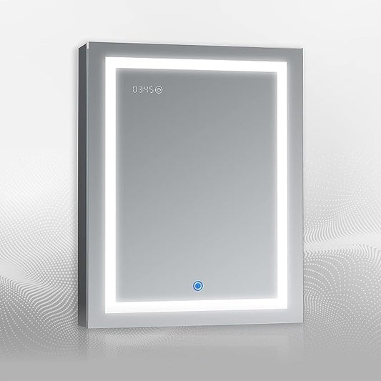 DECADOM LED Mirror Medicine Cabinet Recessed or Surface, Dimmer, Clock, Room Temp Display, Dual Outlets  (Duna 24x32 LT)