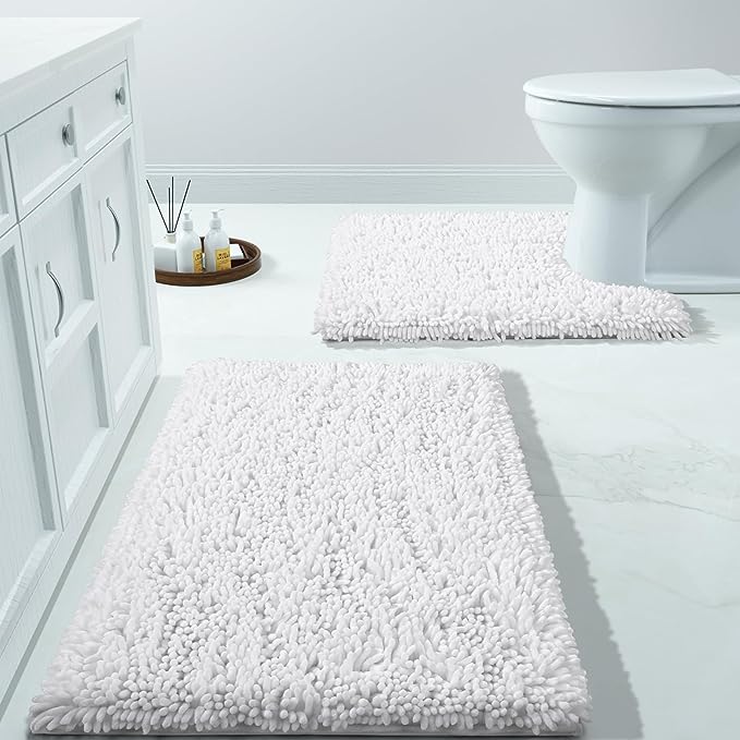 Yimobra Bathroom Rugs Sets 2 Piece, Luxury Shaggy Extra Thick Bathroom Rugs, Plush Non-Slip Mats for Bath Room Floor, U-Shaped Toilet Mat, Ultra Absorbent, 24 x 17 + 24.4 x 20.4 Inches,White