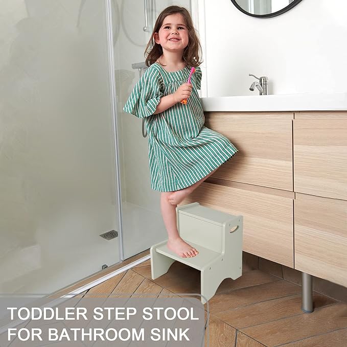 WOOD CITY Wooden Toddler Step Stool for Kids, Grey Two Step Children's Stool with Handles, Bonus Non-Slip Pads for Safety, Bathroom Potty Stool & Kitchen Step Stools Dual Height