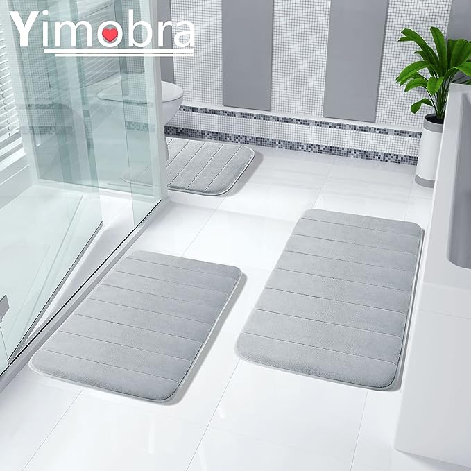 Yimobra 3 Pieces Memory Foam Bath Mat Sets, 44.1x24 + 31.5x19.8 and U-Shaped for Bathroom Rugs, Toilet Mats, Non-Slip, Soft Comfortable, Water Absorption, Machine Washable, Silver