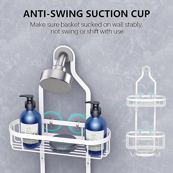 Kadolina Anti-Swing Bathroom Hanging Shower Caddy, Over Head Shower Caddy Organizer Basket with Hooks for Towels, Razor and Sponge, White [Patented]