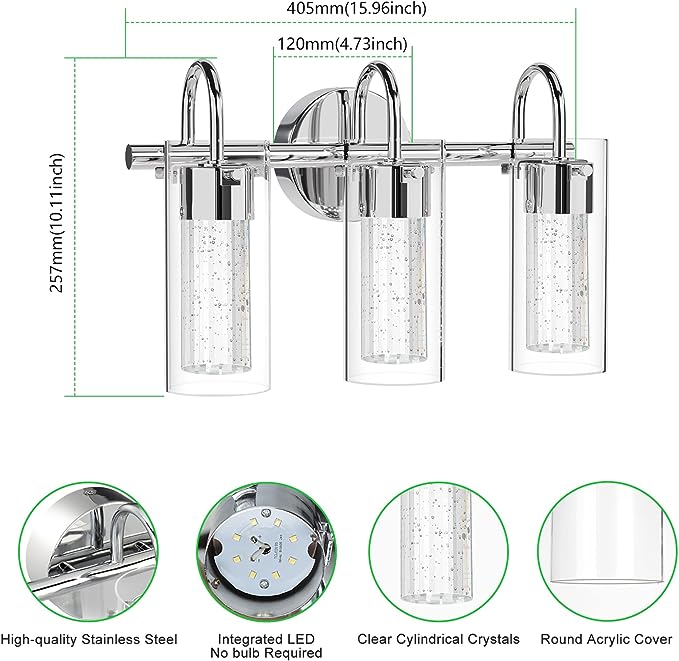 MAXvolador 3-Light LED Vanity Light Fixture, 1500Lumen Dimmable Wall Sconce Lighting, Modern Bathroom Wall Lights with Crystal Bubble Glass 21W, Cool White Over Mirror Vanity Lamp, Chrome Finish