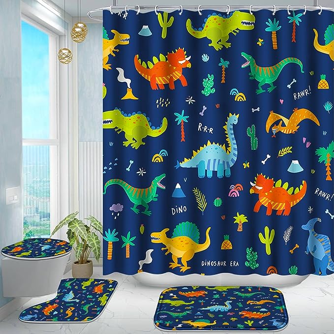 Poedist 4 Pcs Bathroom Shower Curtain Set,Kid's Bathroom Curtain Sets with Rugs(Bath Mat,U Shape and Toilet Lid Cover Mat) and 12 Hooks,Dark Blue Cartoon Dinosaur
