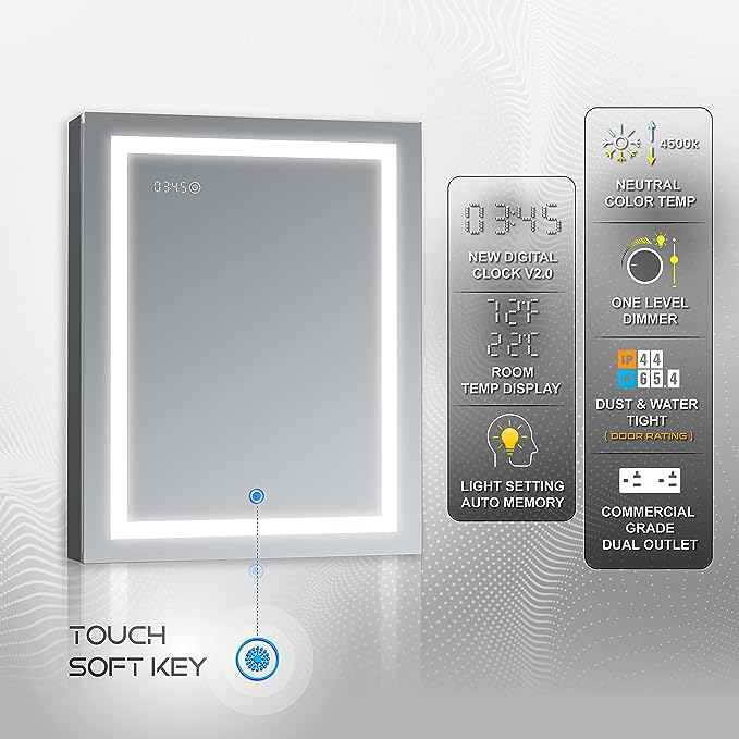DECADOM LED Mirror Medicine Cabinet Recessed or Surface, Dimmer, Clock, Room Temp Display, Dual Outlets  (Duna 24x32 LT)