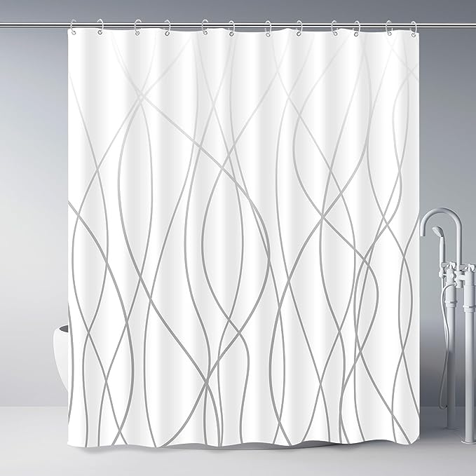 Punkray Ombre Grey Shower Curtain for Bathroom with Hooks Shower Curtain Set Stripe Bath Curtains Decorative White Shower Curtains Water Repellent Washable, 72x72