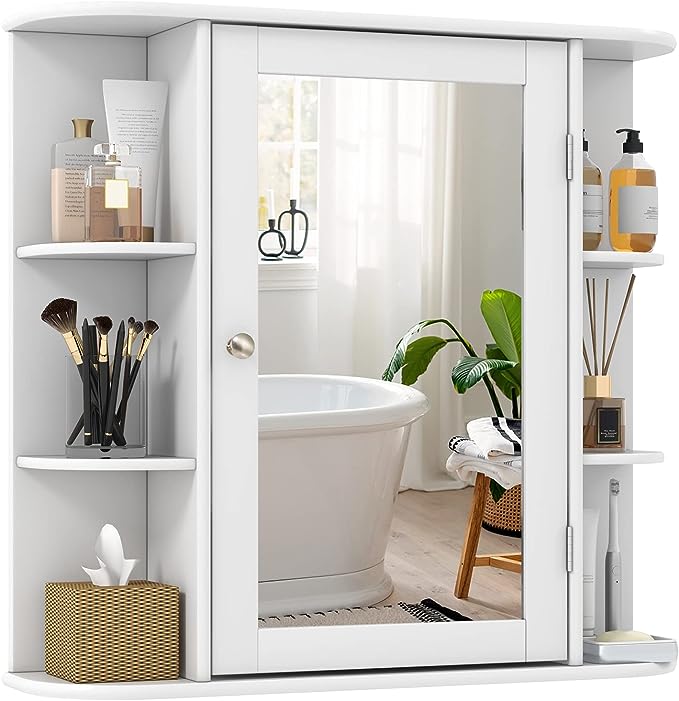 Tangkula Bathroom Medicine Cabinet with Mirror, Wall Mounted Bathroom Storage Cabinet w/Mirror Door & 6 Open Shelves, Adjustable Shelves, Mirror Cabinet, Bathroom Wall Cabinet with Mirror (White)