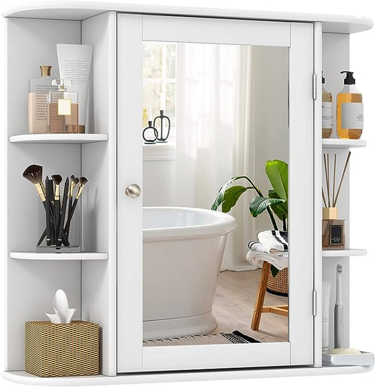 Tangkula Bathroom Medicine Cabinet with Mirror, Wall Mounted Bathroom Storage Cabinet w/Mirror Door & 6 Open Shelves, Adjustable Shelves, Mirror Cabinet, Bathroom Wall Cabinet with Mirror (White)