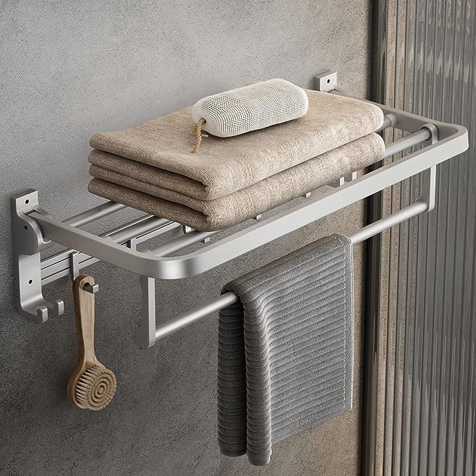 MUSTORN Towel Rack Wall Mount for Bathroom with Towel Bar and Hooks 23.6 in Foldable Towel Shelf Lavatory Towel Organizer Matte Silver