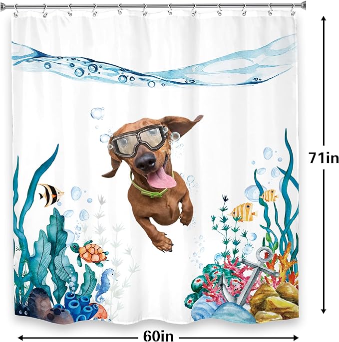 LGhtyro Funny Dog Kids Shower Curtain Bathroom Set 60Wx71H Inches Teal Blue Sea Ocean Nautical Cute Animal Fish Turtle Anchor Coral Underwater Bath Accessories Art Home Decor Fabric 12 Pack Hooks