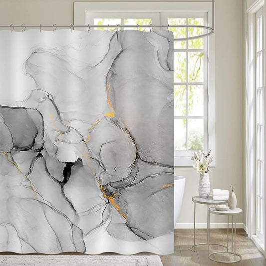 Gibelle Grey Marble Shower Curtain Set, Abstract Silver Marble Gold Stripes Fabric Shower Curtain, Modern Ink Art Decor Waterproof Shower Curtain for Bathroom Decor, 71 x 71