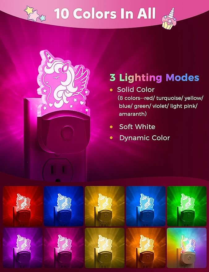 Cute Night Light for Kids [2 Pack], Plug in Night Light, 8 Color Changing Baby Night Light with Dusk to Dawn Sensor, Nightlights for Children, LED Night Lights for Kids Girls Bedroom, Gifts for Girls