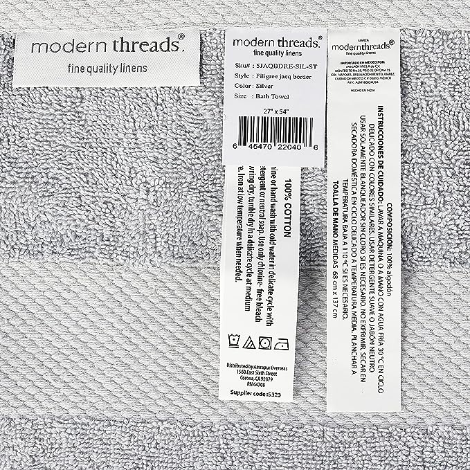 Modern Threads 600 GSM 6-Piece Towel Set with Filgree Jacquard Border, Silver